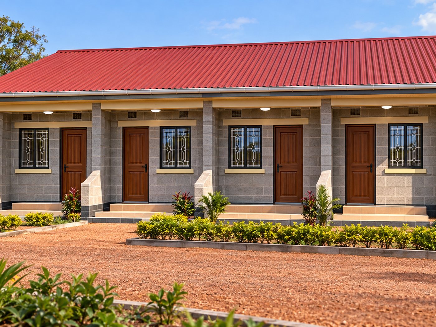 A row of four staff houses with a red metal roof, covered veranda, block walls and planted beds