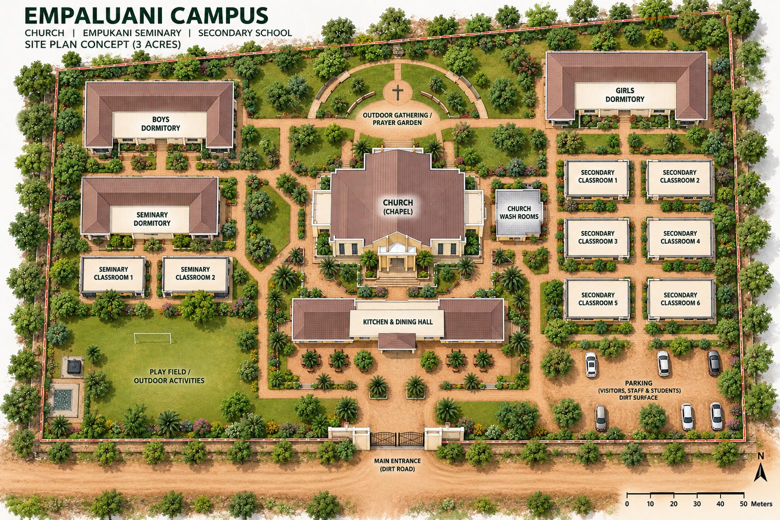 Site plan concept for the Empaluani campus: a church and chapel at the center with a prayer garden behind it, seminary dormitory and classrooms along the west side, six secondary school classrooms and boys' and girls' dormitories along the east, a kitchen and dining hall to the south, a play field, and parking inside a walled three-acre site